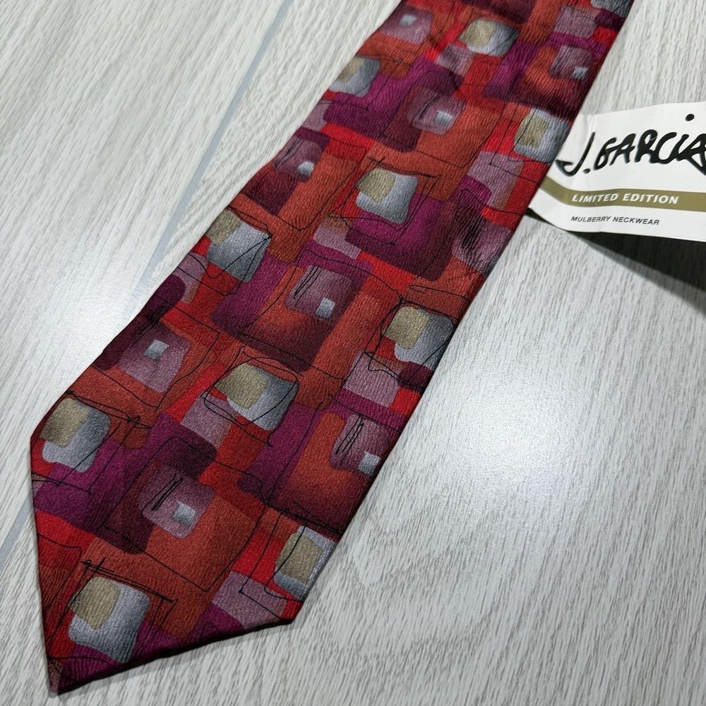 J. Garcia Tie Mens One Size Red 100% Silk Pointed Geometric Woven Logo